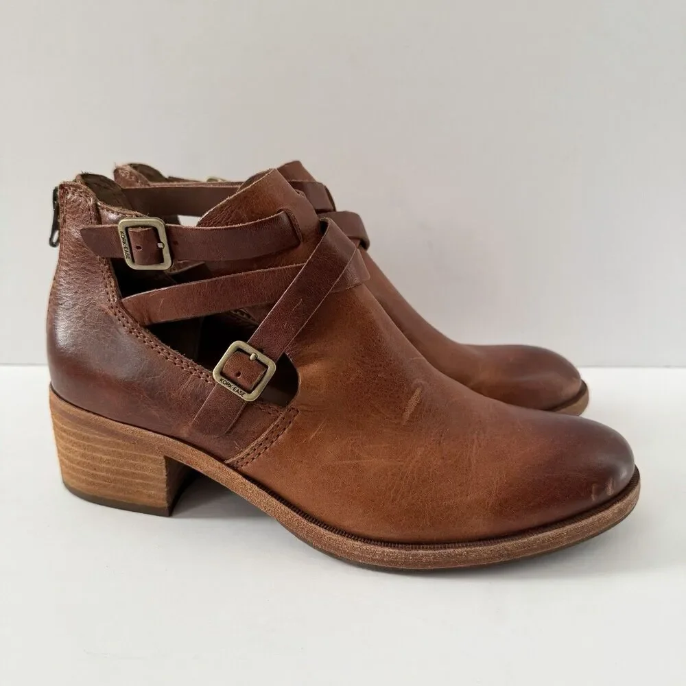 Kork-Ease Jardin Brown Leather Strappy Cut Out Ankle Booties Block Heel Size 8